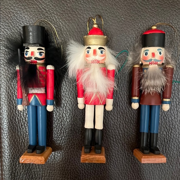 Vtg Christmas Holiday Nutcracker Wooden Ornaments Set of 3 in Red, White & Blue - Picture 3 of 5